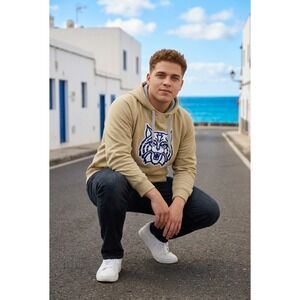 Antigua Mens Wildcats Hoodie Tan Navy Blue Graphic Sweatshirt XL Raglan Fleece